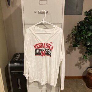 Adidas V-Neck Hoodie Tee - White - Nebraska Huskers - Size Small